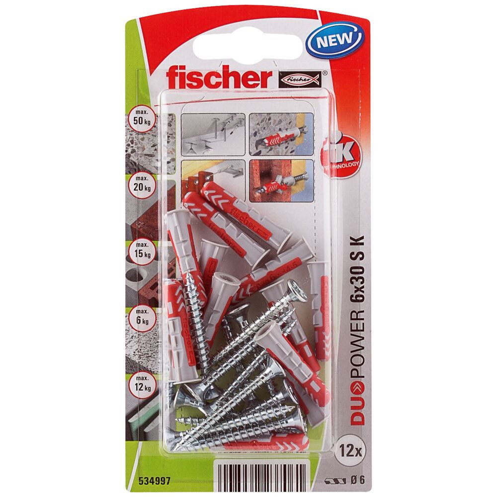 Fischer DUOPOWER dübel 6 x 30 S K NV - csavarral, bliszteres, 12 db/csomag termék fő termékképe