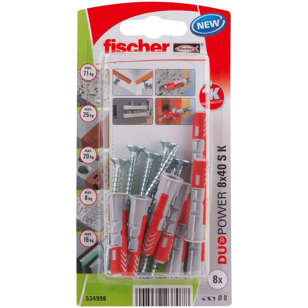 Fischer DUOPOWER dübel 8 x 40 S K NV - csavarral, bliszteres, 8 db/csomag termék fő termékképe