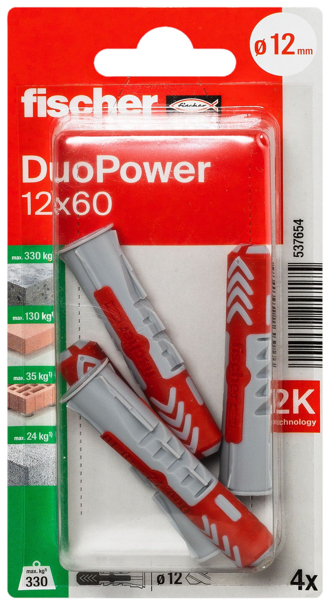 Fischer DuoPower kétkomponensű nylon dübel 12 x 60 K - csavar nélkül, bliszteres, 4 db/csomag termék fő termékképe