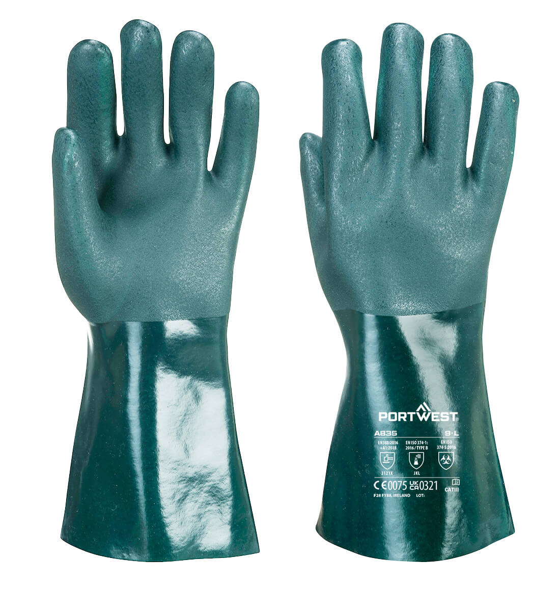 Portwest A835 - Duplán mártott PVC védőkesztyű, 35 cm, zöld termék fő termékképe